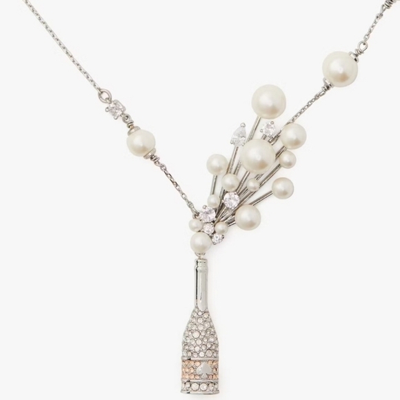🔹Kate Spade Cheers To That Pendant Crystal Pearl Statement Necklace Silver $148 - Picture 1 of 5